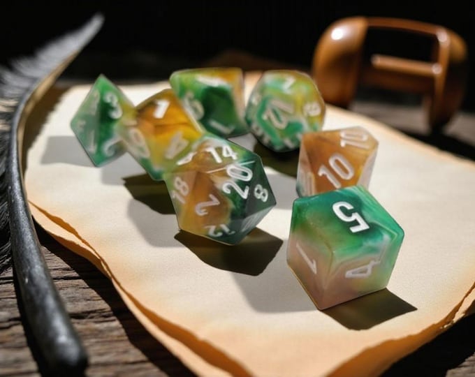 Heartwood Amber | Sharp Edge Resin Dice Set | DnD Dice Set | Forest Druid Themed Polyhedral Dice | Amber & Verdant Arcane Relic | Moonveil R