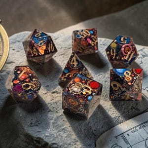 Midnight Orrery | Sharp Edge Resin Dice Set | Celestial Galaxy TTRPG Dice | DnD Dice Set | Cosmic Observatory Polyhedral Dice | Moonveil Relics