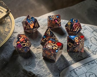 Midnight Orrery | Sharp Edge Resin Dice Set | Celestial Galaxy TTRPG Dice|DnD Dice Set|Cosmic Observatory Polyhedral Dice | Moonveil Relics