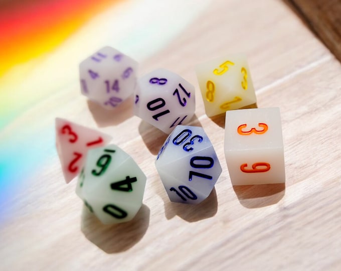 The Prismatic Rainbow Hue, Dice Set, Sharp Edge Dice set, RPG Dice Set