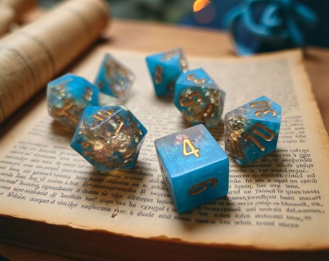 Oracle's Lagoon Dice Set - Sharp Edge Polyhedral RPG Dice with Gold & Copper Foil Inclusions