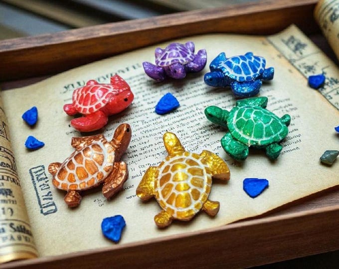 Sentinels of the Veil-Tide | Hand-Painted Resin Turtle Figurines (Set of 6) | Coastal Home Decor | Ocean Gift | Sea Turtle Collectible | Moo