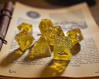 Golden Dawn Dice Set - Sharp Edge RPG Dice, Gold Glitter Resin Polyhedral Dice for Dungeons and Dragons, Pathfinder, TTRPG