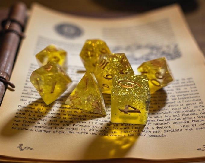 Golden Dawn Dice Set - Sharp Edge RPG Dice, Gold Glitter Resin Polyhedral Dice for Dungeons and Dragons, Pathfinder, TTRPG