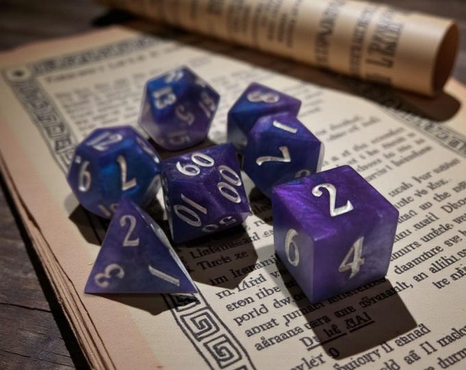 Fierce Indigo Orbs Sharp Edge Dice Set -  Midnight Blue & Purple Polyhedral RPG Dice