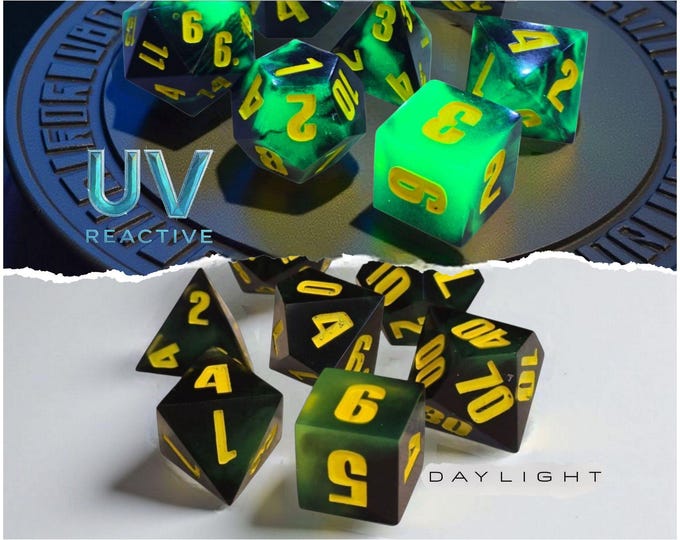 VenomVeil Relics | Sharp Edge Resin Dice Set | Acid Green & Black | Glowing UV Reactive DnD Dice | Moonveil Relics | Poison Arcane Polyhedra