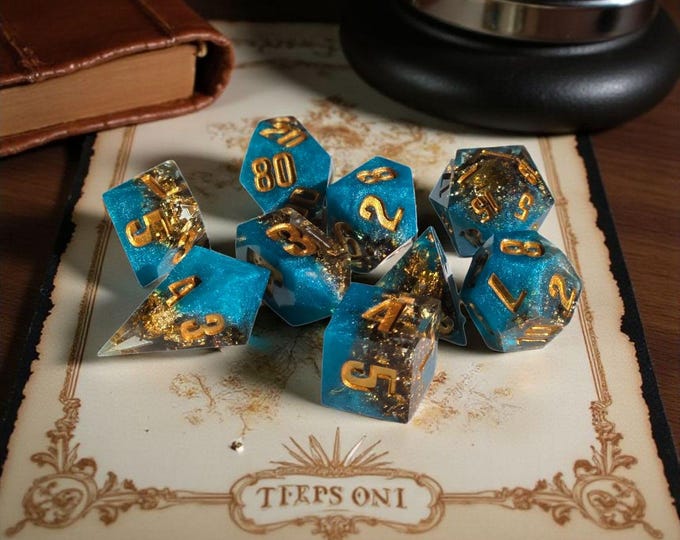 Oracle's Lagoon Dice Set - Sharp Edge Polyhedral RPG Dice with Gold & Copper Foil Inclusions