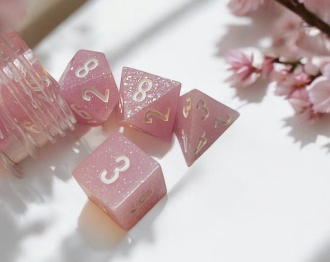 Shimmering Cherry Blossoms, Dice Set, Sharp Edge Dice set, RPG Dice Set