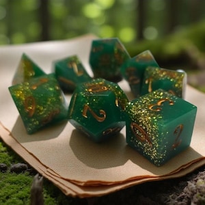 Heartroot Relic | Sharp Edge Resin Dice Set | Druidic Forest-Themed Polyhedral Dice | Green & Gold Glitter Dice | Moonveil Relics