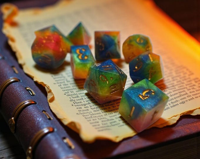 Prismatic Spectrum Orbs Dice Set - Rainbow Sharp Edge Polyhedral DND Dice