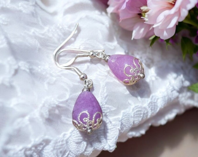 Purple Chalcedony stones, natural gemstones earrings, 925 sterling silver