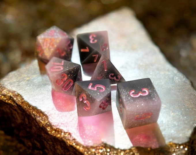The Glimmering Ashen Bloom. Dice Set, Sharp Edge Dice set, RPG Dice Set