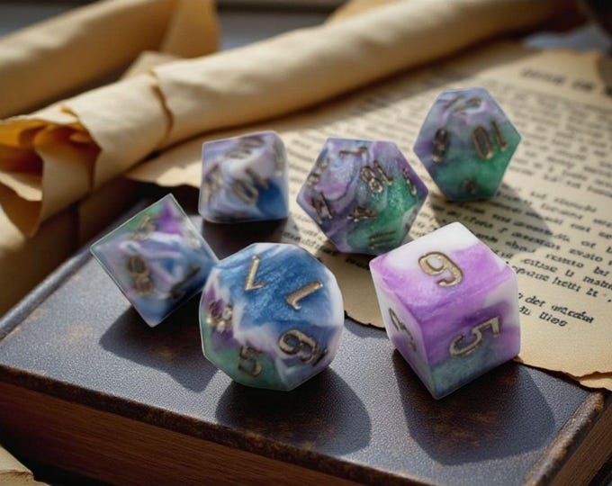 Dreamglass Relic | Sharp Edge Resin Dice Set with Pastel Fey Swirls | DnD Dice Set | Dreamy Fey-Themed Polyhedral Dice | Moonveil Relics