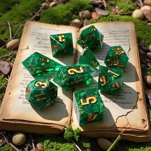Emerald Grove Shards | Sharp Edge Green Resin Polyhedral Dice Set with Gold Inking | Druid Nature-Themed DnD Dice | Moonveil Relics