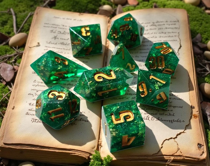 Emerald Grove Shards | Sharp Edge Green Resin Polyhedral Dice Set with Gold Inking | Druid Nature-Themed DnD Dice | Moonveil Relics