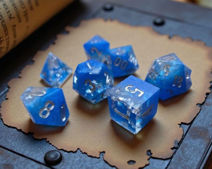 Frostborne Depths Sharp Edge Dice Set - Handmade RPG Dice with Silver Foil, Crystal Shard or Triangle D4 Options