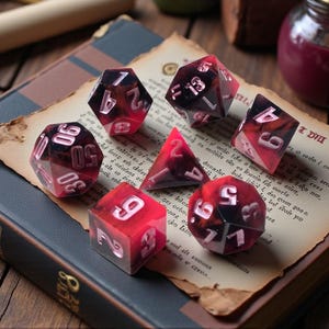 Aphrodisia No. 9 — Arcane Love Potion Dice Set | Dark Enchanted Resin Polyhedral Dice | Glows Under UV | Moonveil Relics