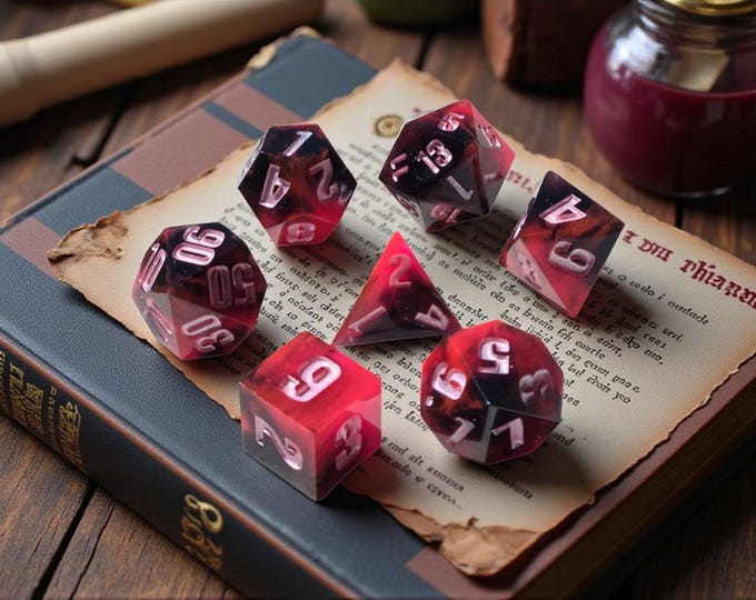 Aphrodisia No. 9 — Arcane Love Potion Dice Set | Dark Enchanted Resin Polyhedral Dice | Glows Under UV | Moonveil Relics
