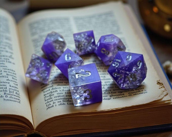 Faith Fusion Purple Resin Dice Set with Silver Foil | Sharp Edge DnD Dice for Tabletop RPG