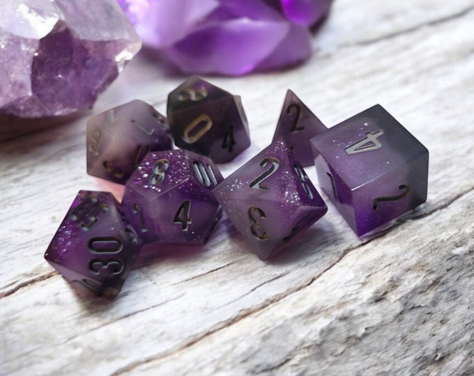 The Razzle Dazzle, Stoniest Amethyst, - (made from resin) Dice Sets, Sharp Edge Dice set, RPG Dice Set