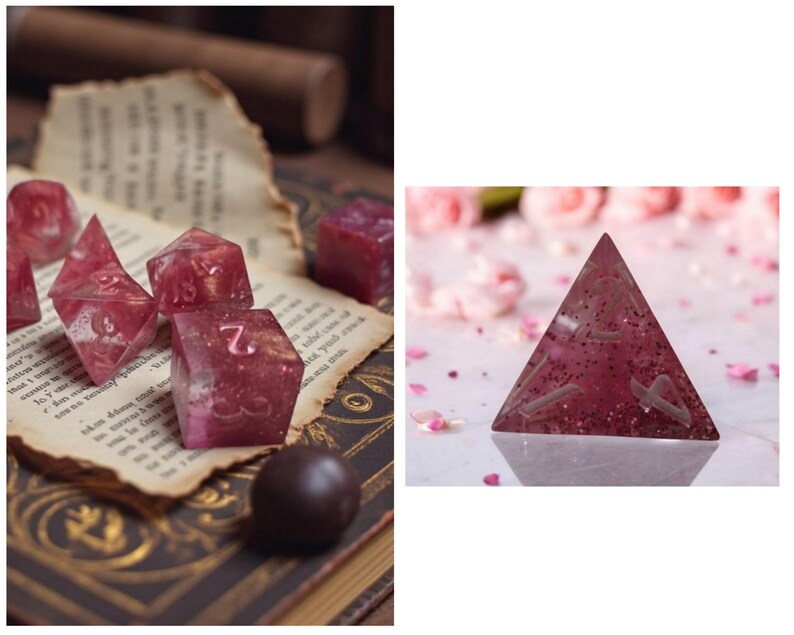 Heart of the Veil RPG Dice Set - Pink Glitter Sharp Edge Resin Polyhedral Dice Triangle