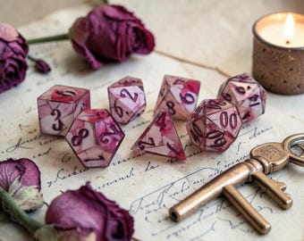 Roseglass Reliquary | Sharp Edge Resin Dice | Pink Stained Glass DnD Dice | Romantic Fantasy Dice | RPG Polyhedral Dice |Moonveil Relics
