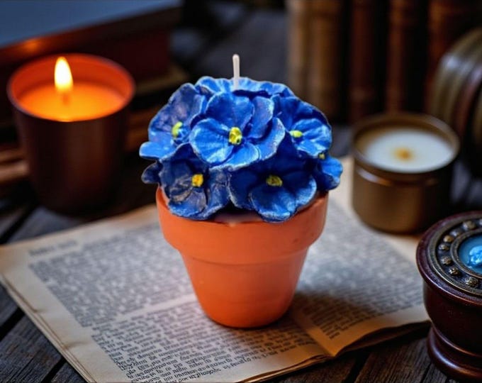African Violet Candle in Terracotta Pot - Handcrafted Floral Candle for Home, Gifts & Decor