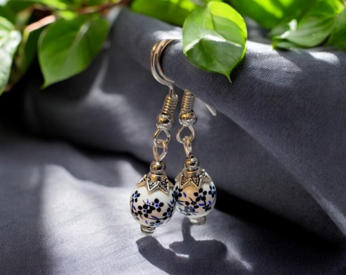 Blue White bead earrings, Silver, Hypoallergenic, Jewelry