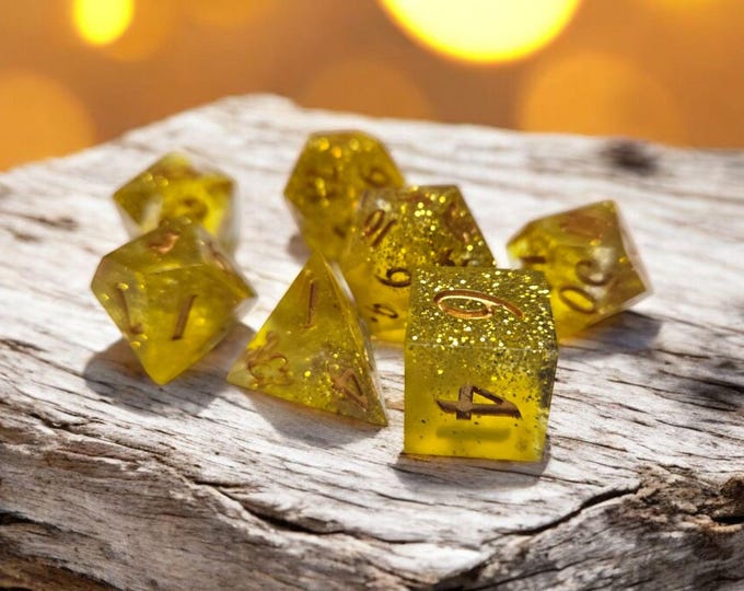 Glassy Sun Spheres, dice set, Sharp Edge Dice set, RPG Dice Set