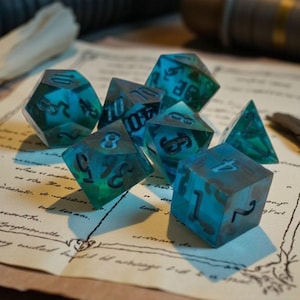 Abyssal Veilshards | Sharp Edge Turquoise Dice Set | Ocean Arcane Polyhedral Dice | Nautical DnD Dice | Moonveil Relics TTRPG Dice