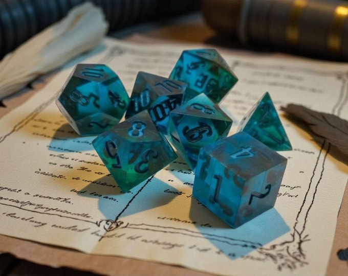 Abyssal Veilshards | Sharp Edge Turquoise Dice Set | Ocean Arcane Polyhedral Dice | Nautical DnD Dice | Moonveil Relics TTRPG Dice