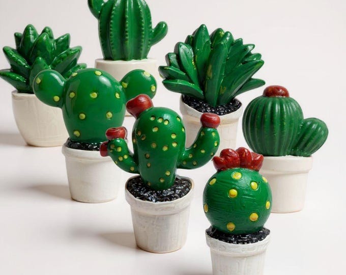 Whimsical Cactus Magnets | Sprigborn Succulent Sentinels by Moonveil Relics | Handmade Resin Succulent Set | Cute Fridge Décor
