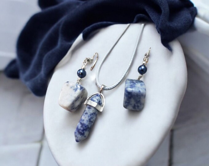 TIC Jewelry, Handmade, Blue Spot Jasper, 1 pair of earrings, 1 necklace