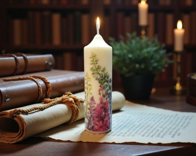 Spring Garden Candle Set (1-2) - Floral Watercolor Pillar, Ivory Soy/Paraffin Mix, Gift Accent