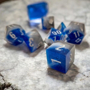 Sapphire Veil Dice Set -  Blue & Gray Sharp Edge Resin RPG Dice with Arcane Runes