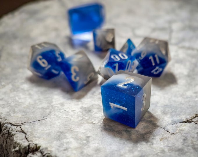 Razzle Dazzle, Satyr Sapphire - (made from resin) Dice sets, Sharp Edge dice set, RPG Dice set, DND