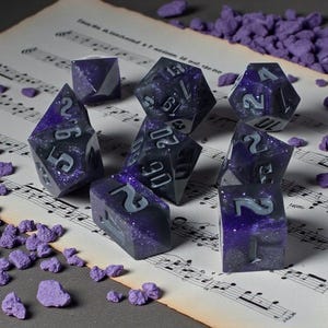 May include: A set of purple and black resin dice with white numbering, scattered on a sheet of vintage sheet music. Small purple rocks are scattered around the dice. The dice are various shapes, including a d20, d12, and d6.