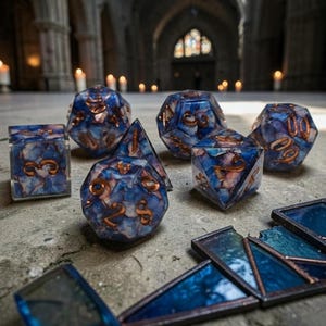 New*The Opaline Archive: Starfallen Chapel | Handmade Resin Dice Set | Blue Opal Dice | Stained Glass Dice | DND Dice Set | TTRPG Gift