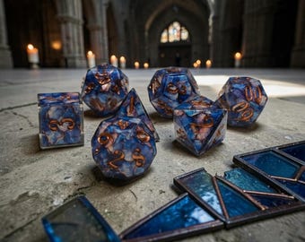 The Opaline Archive: Starfallen Chapel | Handmade Resin Dice Set | Blue Opal Dice | Stained Glass Dice | DND Dice Set | TTRPG Gift