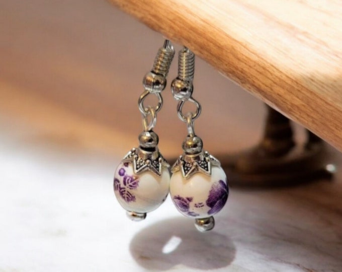 Purple, White, bead earrings, Silver, Hypoallergenic, Jewelry