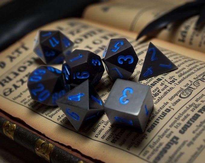 Runes of the Nightforge | Sharp Edge Resin Dice Set with Arcane Blue Sigils | Dark Spellcaster Dice | Moonveil Relics