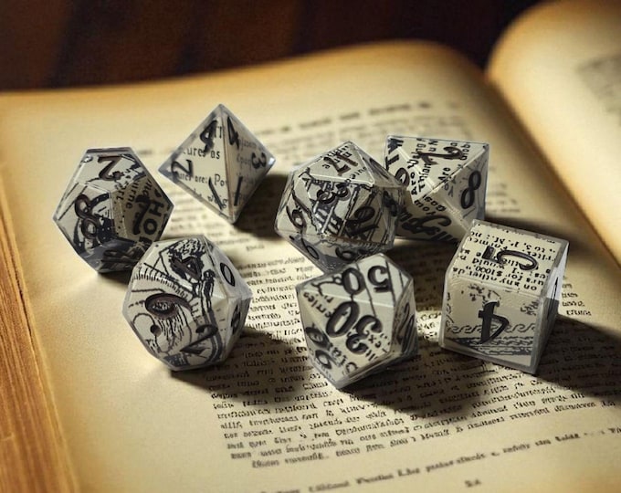 Letters of Fate Dice Set - Sharp-Edge Resin RPG Dice with Ancient Tome Fragments & Golden Runes (7-piece Polyhedral DND Dice)