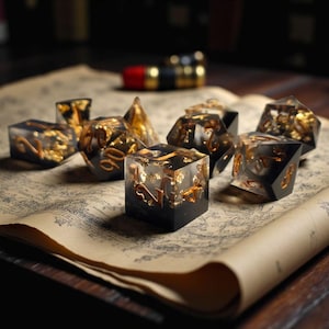 Dornen des Obsidian Schleiers | Sharp Edge Würfelset | Black & Gold Arcane Würfel | DnD Würfel Set | Moonveil Relics Dark Fantasy Kollektion