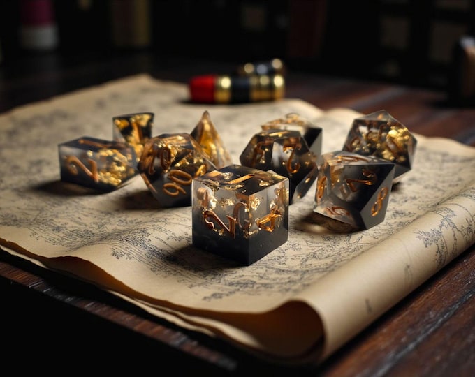 Thorns of the Obsidian Veil | Sharp Edge Resin Dice Set | Black & Gold Arcane Dice | DnD Dice Set | Moonveil Relics Dark Fantasy Collection