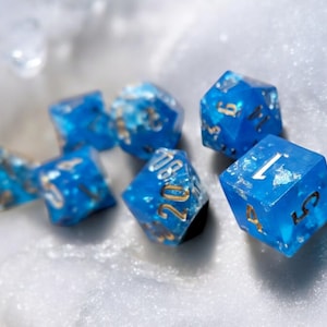 Frostbound Aetherglass | Sharp Edge Resin Dice Set | Blue Ice-Themed Polyhedral Dice | DnD Dice Set | Frozen Arcane Dice | Moonveil Relics