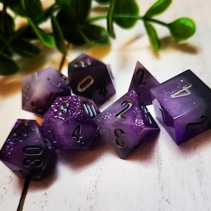 The Razzle Dazzle, Stoniest Amethyst, - (made from resin) Dice Sets, Sharp Edge Dice set, RPG Dice Set