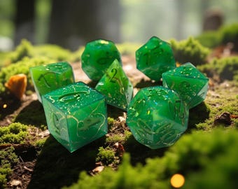 Leafsong Shards-dobbelstenenset: RPG-dobbelstenen met scherpe rand, smaragdgroene en gouden glitters