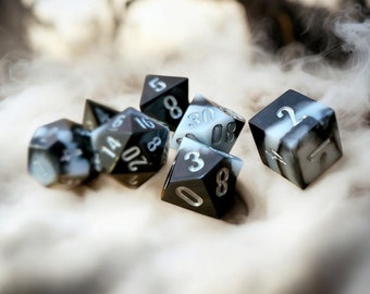 Oath of the ShadowVeil | Sharp Edge Resin Dice Set | Black & White Marble DnD Dice | Gothic Arcane Polyhedral Set | Moonveil Relics