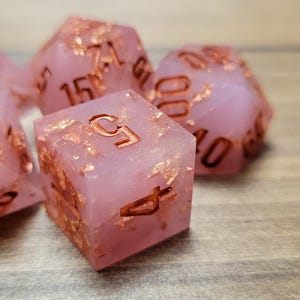 Maidens Kiss | Sharp Edge Resin Dice Set with Copper Foil | Arcane Love Potion Dice | Pink Fantasy DnD Dice | Moonveil Relics