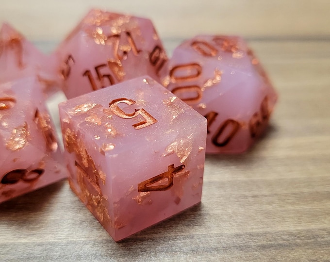 Maidens Kiss | Sharp Edge Resin Dice Set with Copper Foil | Arcane Love Potion Dice | Pink Fantasy DnD Dice | Moonveil Relics